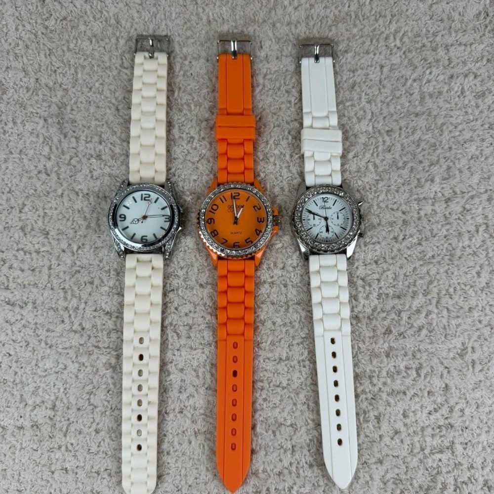 Lot of 3 Breda & Golden Classic Silicone Rhinestone Watches White Orange Cream
